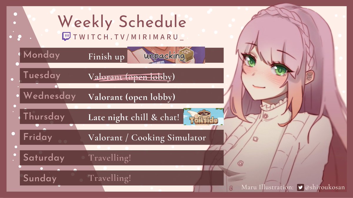 mirimaruchannel's tweet photo. UPDATED stream schedule!💜

I have dinner plans with my granny tonight, so will have to postpone Valorant open lobby to Wednesday night! 

See y'all in chat!😊
https://t.co/gaQ7Da203b

#mirimarulive #ENVtuber #VTuber #TwitchStreamers https://t.co/kkdPoOhqmC