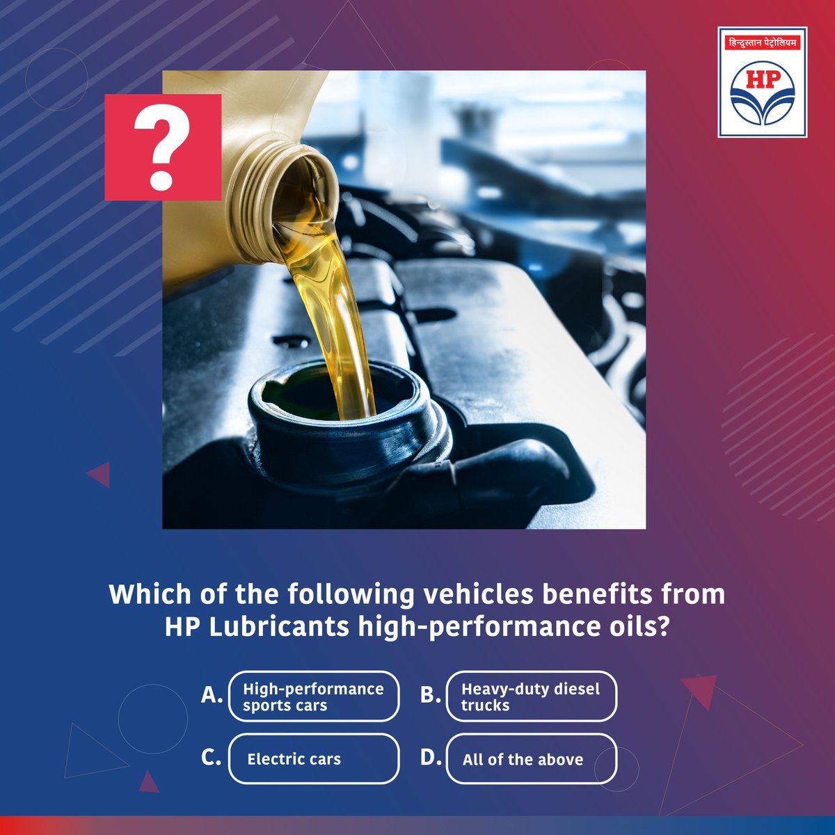 HPCL's tweet image. Think you know which vehicles benefit from HP Lubricants’ high-performance oils? Comment your answer below!
#HPLubricants #EngineCare #PerformanceBoost #VehicleCare #Lubricants