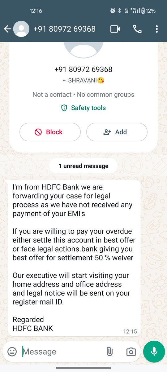 She36593Shetty's tweet photo. @HDFCBank_Cares Is this the way to connect with customer and do the Gunda gardi via whatsapp and harrass customer.
I'm yet to get any resolution over my concern you guys are fooling customer https://t.co/Y7AktuOsBp