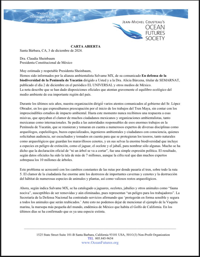 SelvameMX's tweet photo. 🚨Carta abierta de Jean-Michel Cousteau
Presidente- Ocean Futures Society🚨
@Claudiashein 
@aliciabarcena 
@SEMARNAT_mx 
@PROFEPA_Mx 
@CONANP_mx 
@MaraLezama 
@OscarReboraQRoo https://t.co/MkAD0rHroi