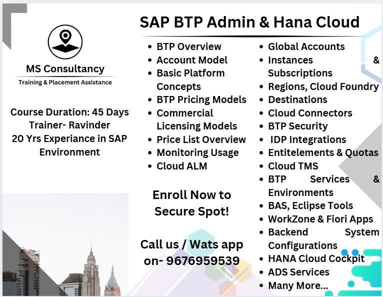 Msconsultancy23's tweet image. 🚀 New SAP BTP Admin Training Batch!
📅 Start Date: December 4th
⏰ Time: 07:00 AM IST
🔑 Unlock career opportunities in SAP Business Technology Platform Administration.
💼 Enroll Now to secure your spot on 9676959539
#SAPBTP #SAPBTPAdmin #SAPCloud #BusinessTechnologyPlatform