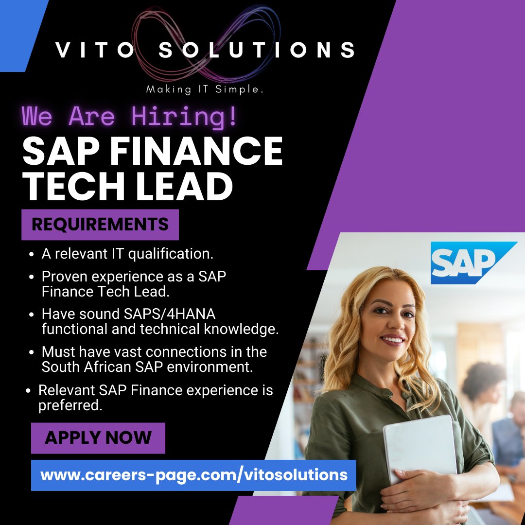 vitosolutions's tweet photo. WE’RE HIRING❗ 
🌟 SAP FINANCE TECH LEAD 🌟

➡️ Permanent
➡️ Cape Town, hybrid

🦄 Apply here: 👇
https://t.co/47DrH4dDdp
  
Share with anyone who might be interested! 😃

https://t.co/lx02MGrhGS
#StrongerTogether #ITjobs #Hiring https://t.co/KU14GN63JE