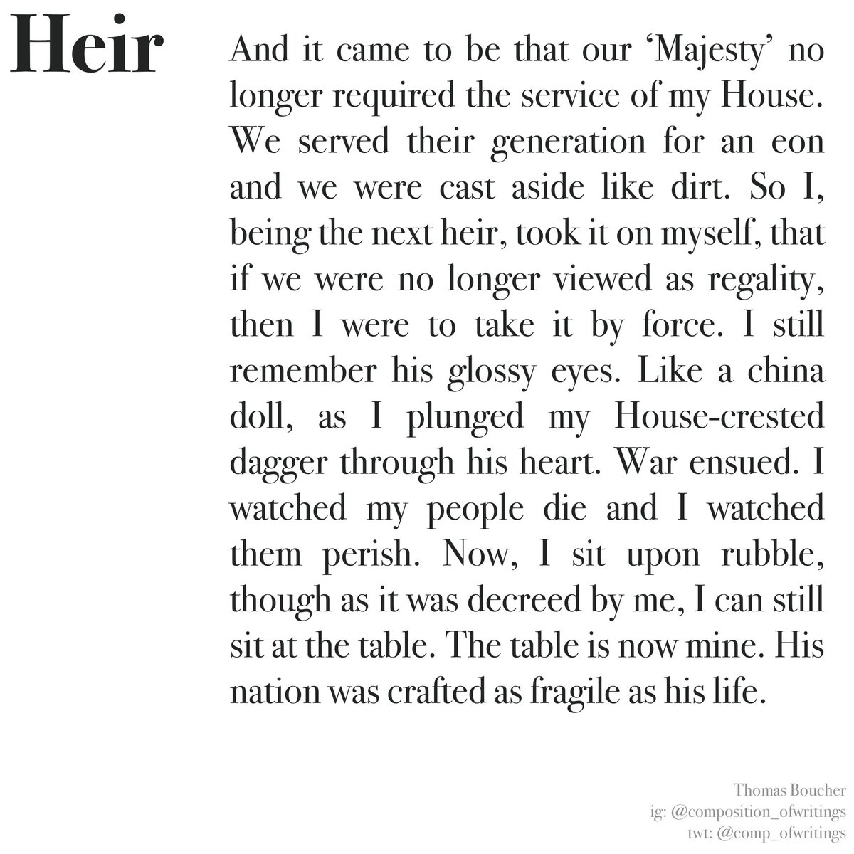 Heir - Thomas Boucher 

“No longer required the service of my House.”

#poems #poetry #writing #stories #shropshire