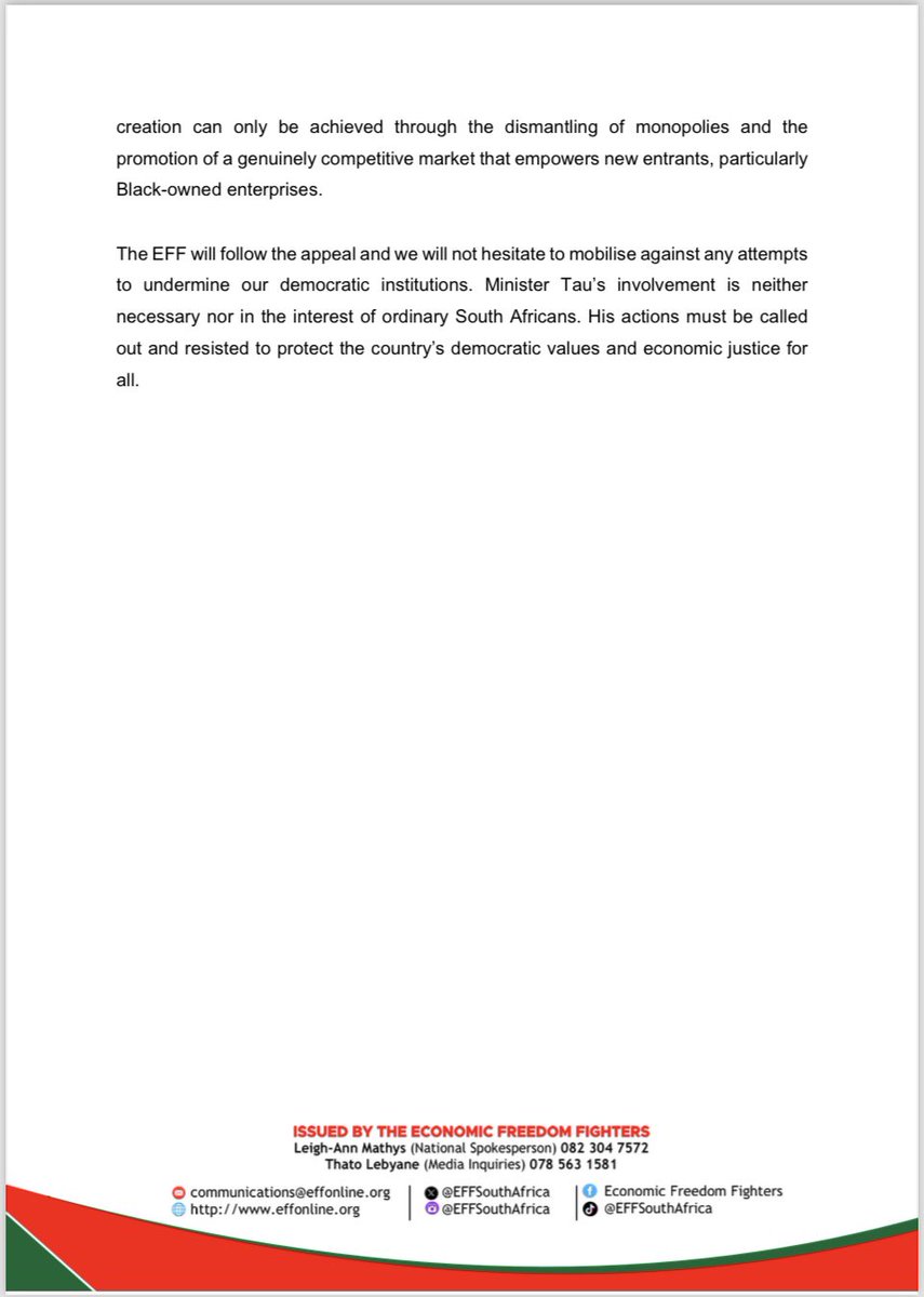 EFFSouthAfrica's tweet photo. The EFF’s Statement Condemning Minister Parks Tau’s Interference in Vodacom-Maziv Case

-The EFF rejects the notion that the Competition Commission and Tribunal are pursuing an "ideological agenda." These bodies are fulfilling their mandate to prevent anti-competitive practices and protect the public interest. It is Minister Tau, acting on behalf of the Rupert family and white monopoly capital, who is undermining these institutions by attempting to overturn a well-founded decision. This intervention exposes the sinister agenda of the ruling elite: to safeguard the profits of a privileged few while the majority of South Africans continue to suffer under the weight of poverty, unemployment, and inequality.
