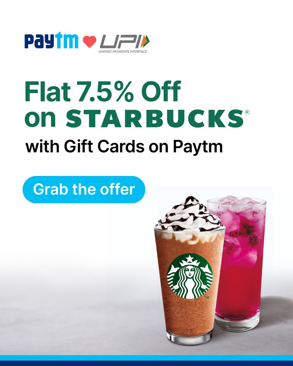 Paytm's tweet photo. Paytm users, this one's for you:
Here’s an exciting reason to love @StarbucksIndia even more! ☕✨
1️⃣ Download the Paytm app
2️⃣ Link your bank account and create your UPI handle
3️⃣ Search for Starbucks on the app and buy a gift card
4️⃣ Walk into any Starbucks store, or use their app
5️⃣ Pay with Paytm UPI via your gift card
And voilà — enjoy an exclusive flat 7.5% off on your favorite coffee, food, and merchandise! 🎉
 
#PaytmKaro 🚀