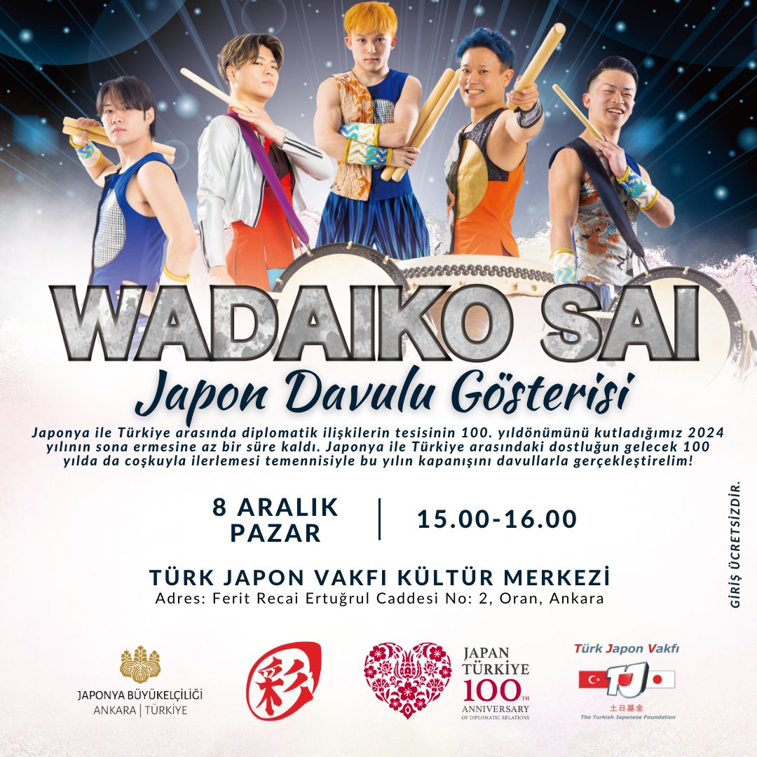 JaponyaBE's tweet photo. Japonya ile Türkiye arasında diplomatik ilişkilerin tesisinin 100. yıldönümünü kutladığımız 2024 yılının kapanışını, dostluğumuzun gelecek 100 yılda da coşkuyla ilerlemesi temennisiyle davullarla gerçekleştirelim! 🥁✨💖

👉Rezervasyon gerekli değildir, oturma düzeni serbesttir. https://t.co/Mp2nNarcV3