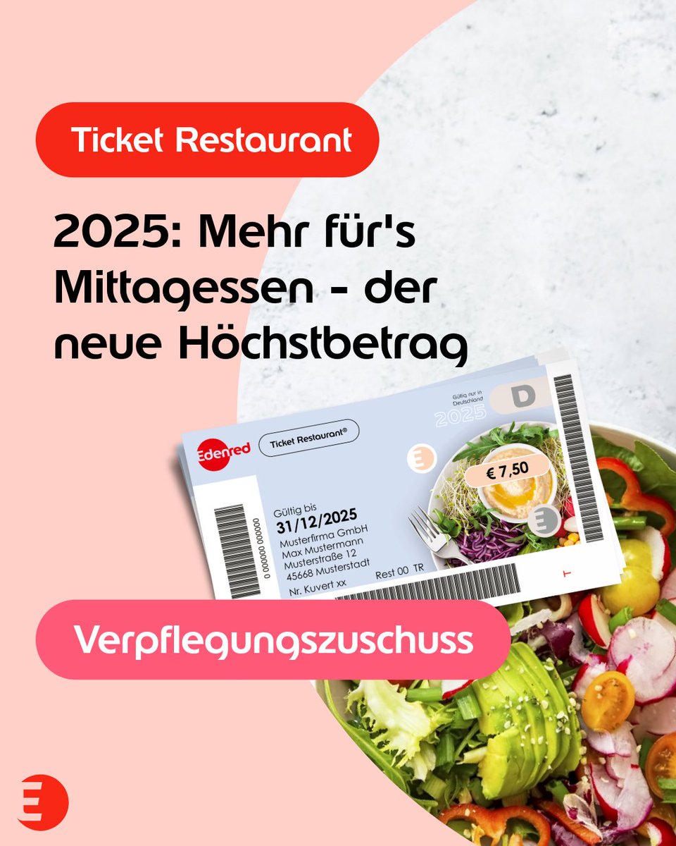 Gute Nachrichten für alle Lunch-Liebhaber: 𝟕,𝟓𝟎 𝐄𝐮𝐫𝐨 𝐚𝐛 𝟐𝟎𝟐𝟓!🍜
Der neue Sachbezugswert für die Bezuschussung des Mittagessen steht fest - 4,40 Euro. Ab 2025 können Arbeitgeber ihren Mitarbeitern bis zu 7,50 Euro pro Tag für die Mittagsverpflegung bezuschussen. 🥗🍝