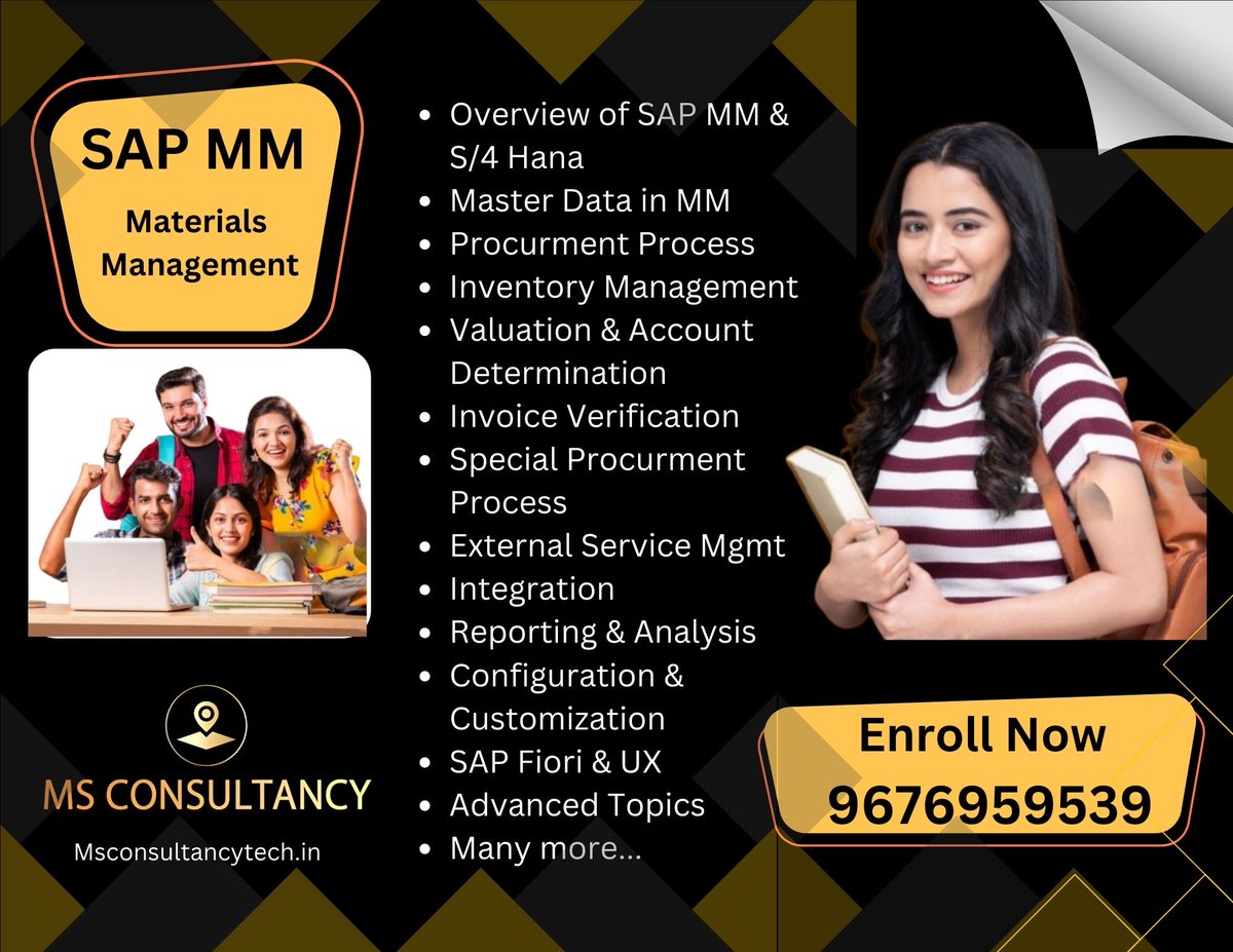 Msconsultancy23's tweet image. 📢 SAP MM Training Alert!
🚀 New Batch Starts: December 4th, 2024
⏰ Time: 08:00 AM IST
🔑 Master Materials Management with expert-led sessions.
💼 Enroll Now- 9676959539 to kickstart your SAP career!
#SAPMM #MaterialsManagement #SAPMMTraining #SAPModules #SAPLogistics #SAPCareer