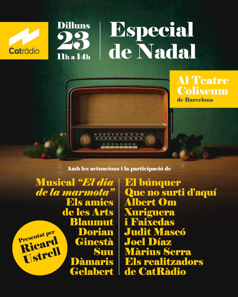 Vine a l'especial de Nadal! El 23 de desembre ens veiem al Teatre Coliseum de Barcelona, amb Ricard Ustrell. Reserva la teva entrada!
3cat.cat/3cat/especial-…