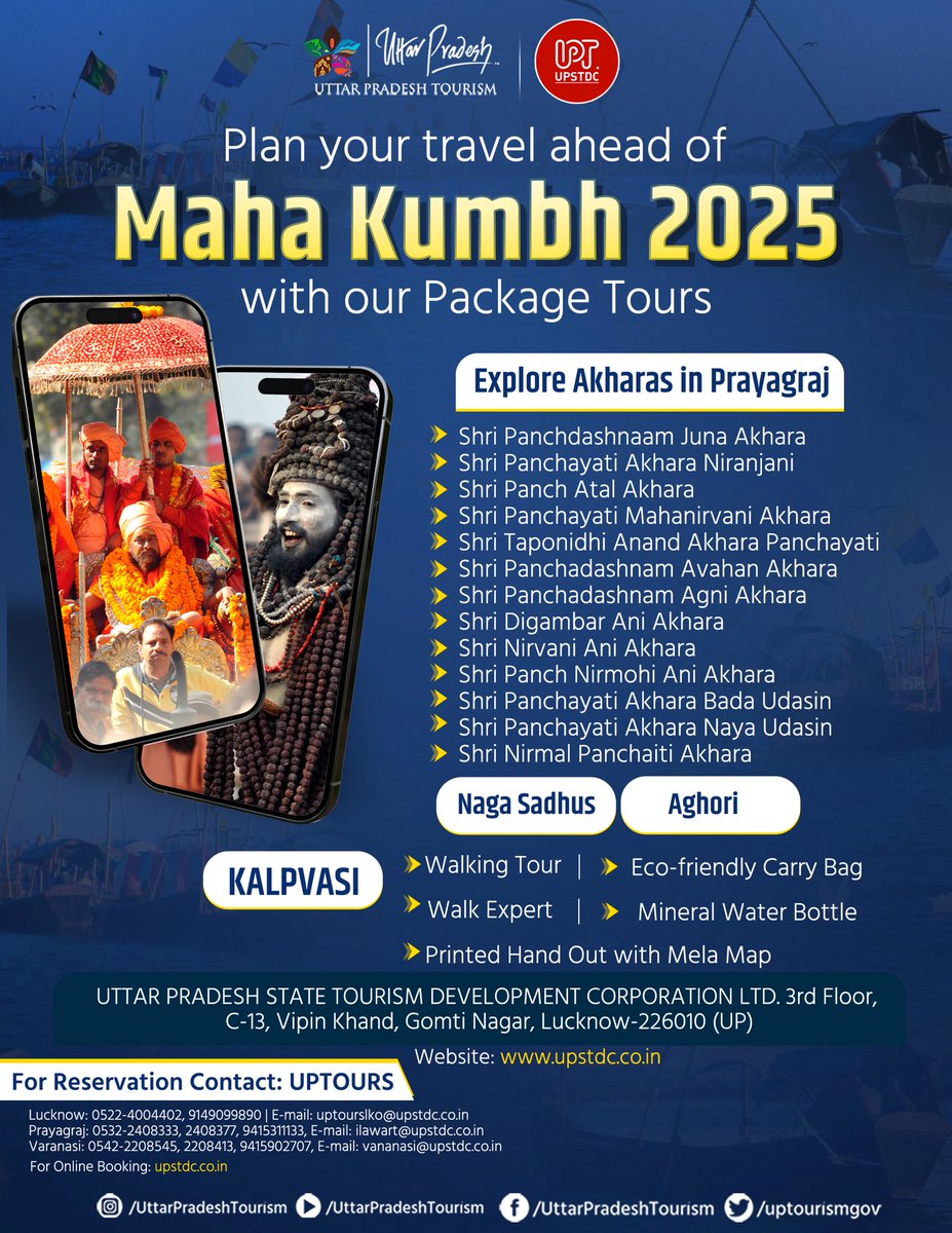 Find yourself in the spiritual essence of #MahaKumbh2025!
Plan your journey with our exclusive package tours to explore the vibrant Akharas, witness the mystique of Naga Sadhus, connect with Kalpvasis, and much more. Discover tradition, spirituality, &amp; culture like never before.