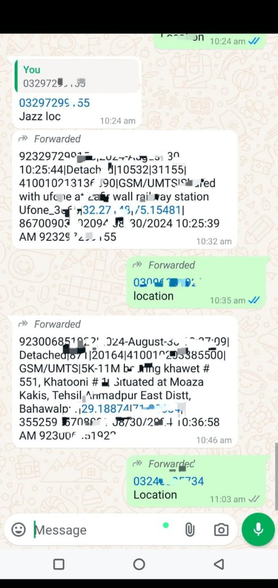 *ALL NETWORK LOCATION WORK BHEJO LOW RATE 💯*

*JAZZ IMEI LOC ON*
*UFONE LOC ON*
*TELE LOC ON*
*ZONG LOC ON*