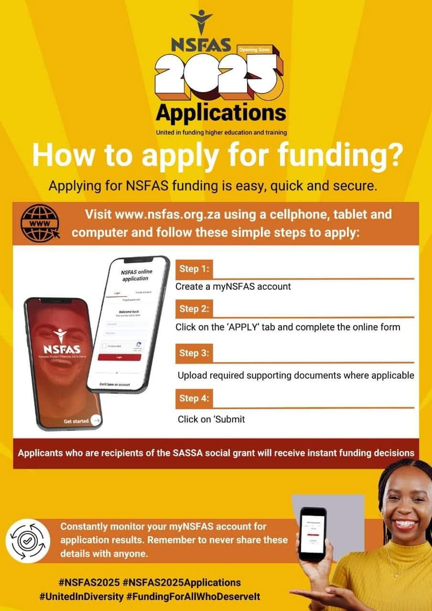 Applying for NSFAS funding is easy, apply by using either your phone, tablet or computer. See the easy steps and #APPLYNOW!

Closing Date:15 December 2024

 #NSFAS2025 #NSFAS2025Applications #UnitedInDiversity