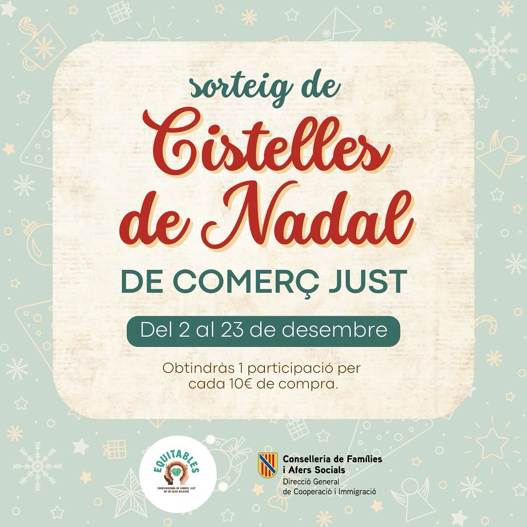 Del 2 al 23 de desembre, participa en el sorteig de cistelles de Nadal carregades de productes de Comerç Just i coneix les botigures d'<a href="/EquitablesCJ/">Equitables Coordinadora CJ</a> 

Descobreix les botigues de #ComerçJust i deixa’t inspirar per regals plens d’històries, compromís i justícia