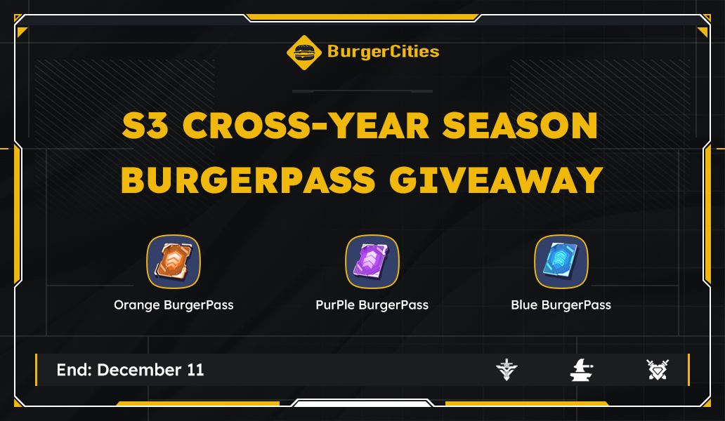 🎁 It's time to bite into the excitement! The S3 Cross-Year season is about to sizzle this month. We're dishing out 100 winners to win the amazing 2024 S3 BurgerPass (valued at 16 - 428 $BURGER). 

- Follow <a href="/BurgerCitiesBar/">BurgerCities</a> 
- Leave 'LOVE $BURGER🍔' at app.burgercities.org
-