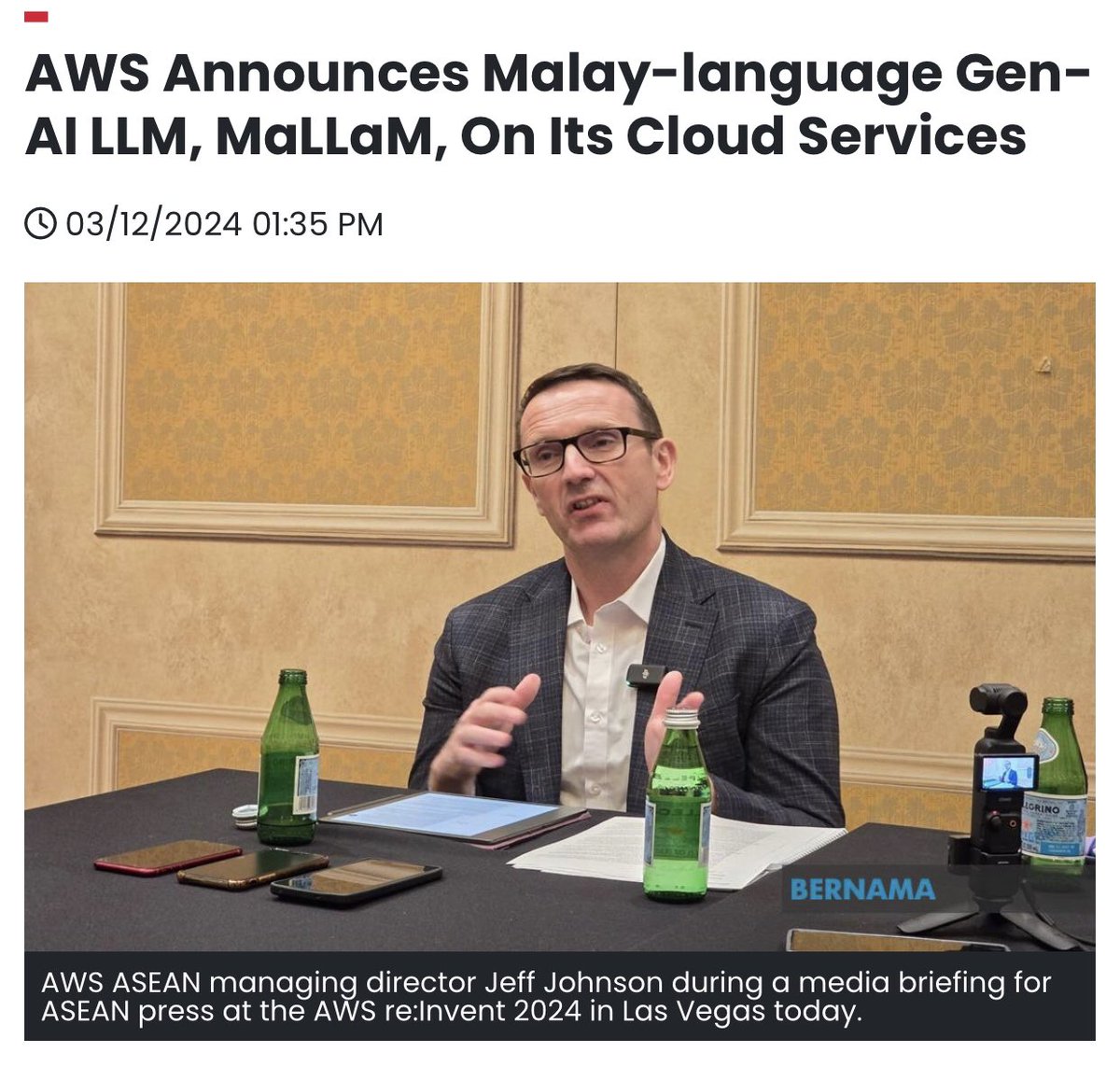 khalilhimura's tweet photo. MESOLITICA @ AWS

“LAS VEGAS, Dec 2 (Bernama) – Amazon Web Services (AWS) today announced that @mesolitica, a Malaysian startup specialising in training large language models (LLMs), has built a Malay-language generative artificial intelligence (gen-AI) LLM called MaLLaM on its cloud services. …”

Spent the morning at AWS Malaysia office to meet with Hafiz Hassan (AWS Public Sector) and quick chat with Peter Murray and my excitement around this announcement and what it means for Malaysia’s AI Sovereignty aspirations 🙂

🤖🧠🇲🇾