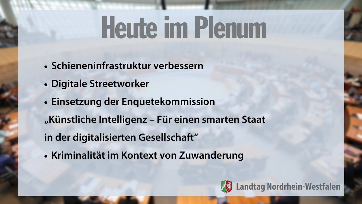 Landtag_NRW's tweet photo. 4️⃣Diese Woche gibt es 4 Plenartage im #ltnrw. Wegen des Haushalts startet das Plenum schon heute. Themen sind u.a. die #Schieneninfrastruktur und digitale #Streetworker. Außerdem soll eine Enquetekommission zu #KI eingesetzt werden:

Ab 15 Uhr live: ⤵️ 
https://t.co/3GGULy3I6h https://t.co/XkAyjnuXYn