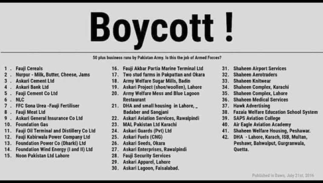FK6G3's tweet photo. These are the business in which Pak Army involved and making $221 billion every year. Boycott all of these products.
#boycottPTV
#boycottAskariBank
#boycottFAUJI_Products
#گولی_کیوں_چلائی
#عمران_خان_کی_جان_کو_خطرہ
#شہداء_کا_خون_انقلاب_لائیگا
#شہدائے_انقلاب_ہمارا_فخر https://t.co/A9dS4JBB0M