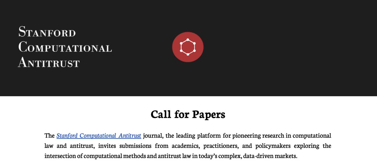 📢 CALL FOR PAPERS 📢
Stanford Computational Antitrust (at <a href="/CodeXStanford/">CodeX Stanford</a>) has been publishing academic articles since 2021. Our articles are featured in leading databases (Hein, Lexis, etc.) and have been cited by antitrust agencies, scholars, policymakers, and international
