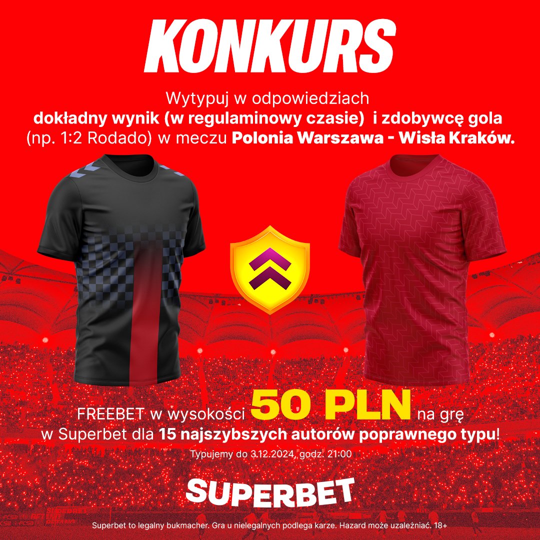 SuperbetPL's tweet photo. #KONKURS! Typujemy dokładny wynik (w regulaminowym czasie bez dogrywki) oraz zdobywcę gola ⚽️ w meczu Polonia Warszawa - @WislaKrakowSA

---
✅ Zaobserwuj  @SuperbetPL

❤️ Polub i daj RT 🔁
👤 Dodaj nick z Superbet
🎁 Nagroda - freebet 50 PLN💰

#PucharPolski #POLWIS https://t.co/odXusFMIgy