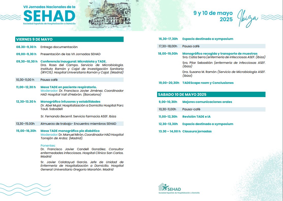 Sociedad Española de Hospitalización a Domicilio (@sociedad_sehad) on Twitter photo 📝¡Compartimos el programa preliminar de la VII Jornadas Nacionales de la <a href="/Sociedad_SEHAD/">Sociedad Española de Hospitalización a Domicilio</a>, que tendrá lugar en Ibiza!🌊🌴
📅9 y 10 de mayo de 2025
Este programa ha sido diseñado con el compromiso de ofrecer contenido relevante y de calidad para nuestra profesión
¡Reservad fechas! 📝¡Compartimos el programa preliminar de la VII Jornadas Nacionales de la <a href="/Sociedad_SEHAD/">Sociedad Española de Hospitalización a Domicilio</a>, que tendrá lugar en Ibiza!🌊🌴
📅9 y 10 de mayo de 2025
Este programa ha sido diseñado con el compromiso de ofrecer contenido relevante y de calidad para nuestra profesión
¡Reservad fechas!