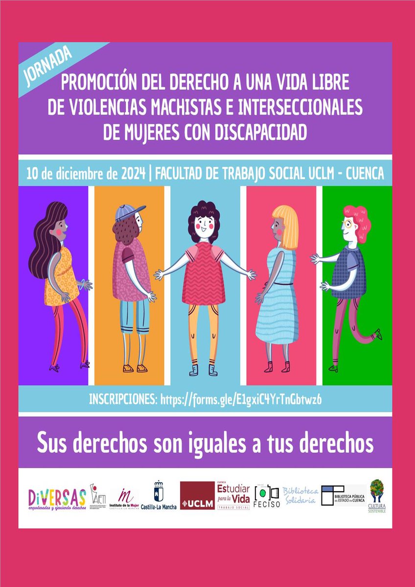 📢 <a href="/AIETIcomunica/">AIETI</a>  y <a href="/uclm_es/">Universidad de Castilla-La Mancha</a>  organizan una jornada para promover los Derechos Humanos y una vida libre de #Violencia  en mujeres con discapacidad.
🗓️ Toma nota: 9 y 10 de diciembre en la Facultad de trabajo social de Cuenca.
✏️Puedes inscribirte aquí: forms.gle/E1gxiC4YrTnGbt…