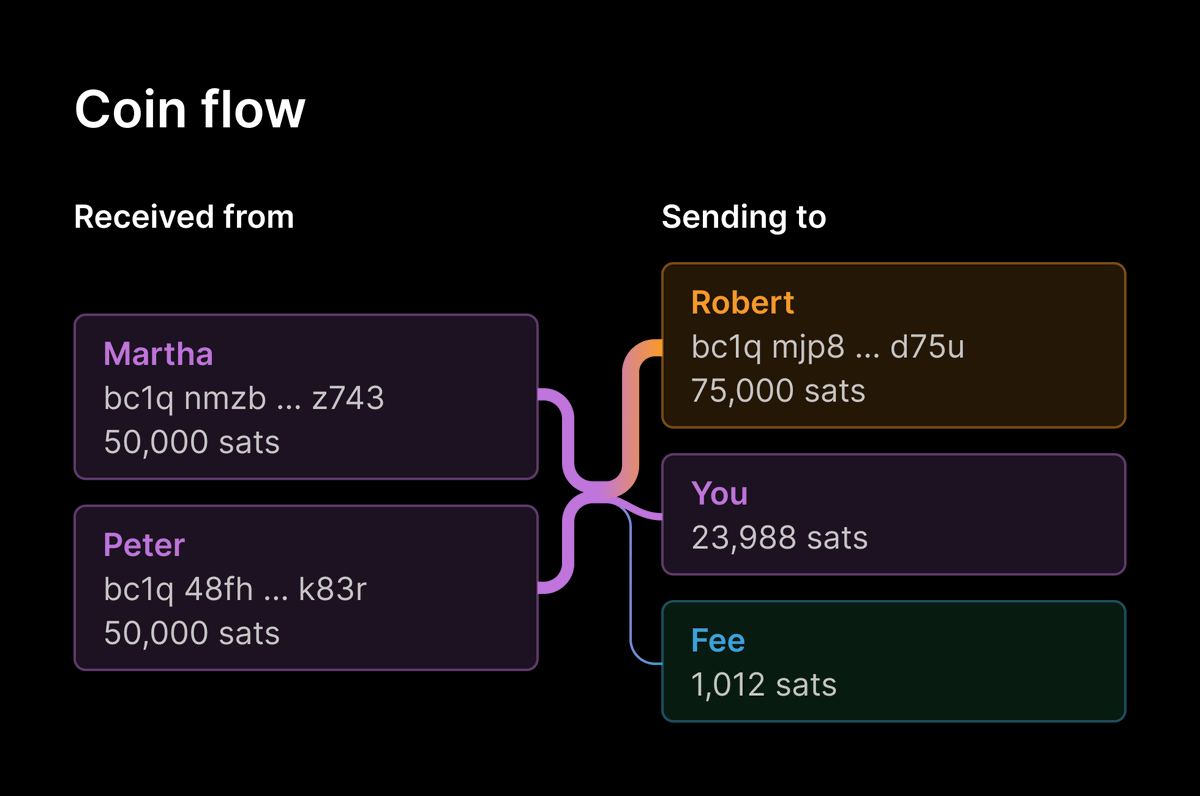 GBKS's tweet photo. Here's a visual for a planned transaction visualizer in the Bitcoin Core App (Sparrow-inspired). Does that look useful to you? You can also try the work-in-progress web prototype: https://t.co/WMpj6COZyu https://t.co/vCxh8Q4fiw