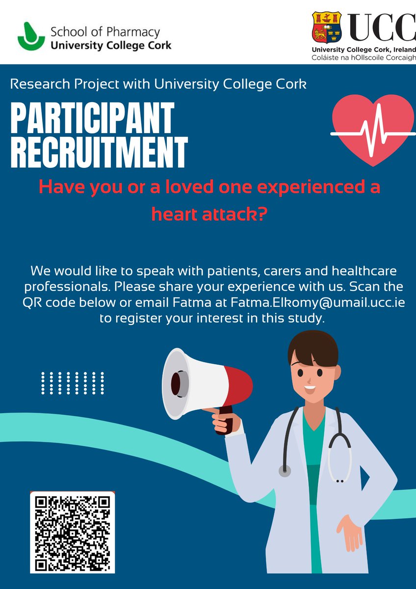📢Join Our Study on Medication Management After a Heart Attack💊Researchers from University College Cork are conducting a study to better understand the challenges patients/carers face when managing medications after a heart attack. Scan the QR code to register your interest
