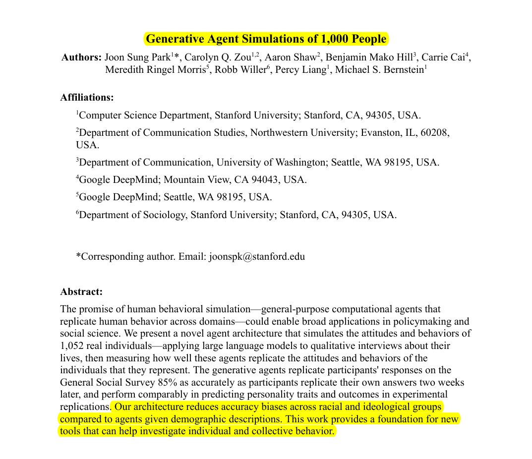 Two-hour interviews let AI clone your decision-making style with 85% accuracy

AI agents built from real interviews predict human behavior as accurately as humans predict themselves

This paper introduces a novel way to create accurate AI simulations of real people using two-hour
