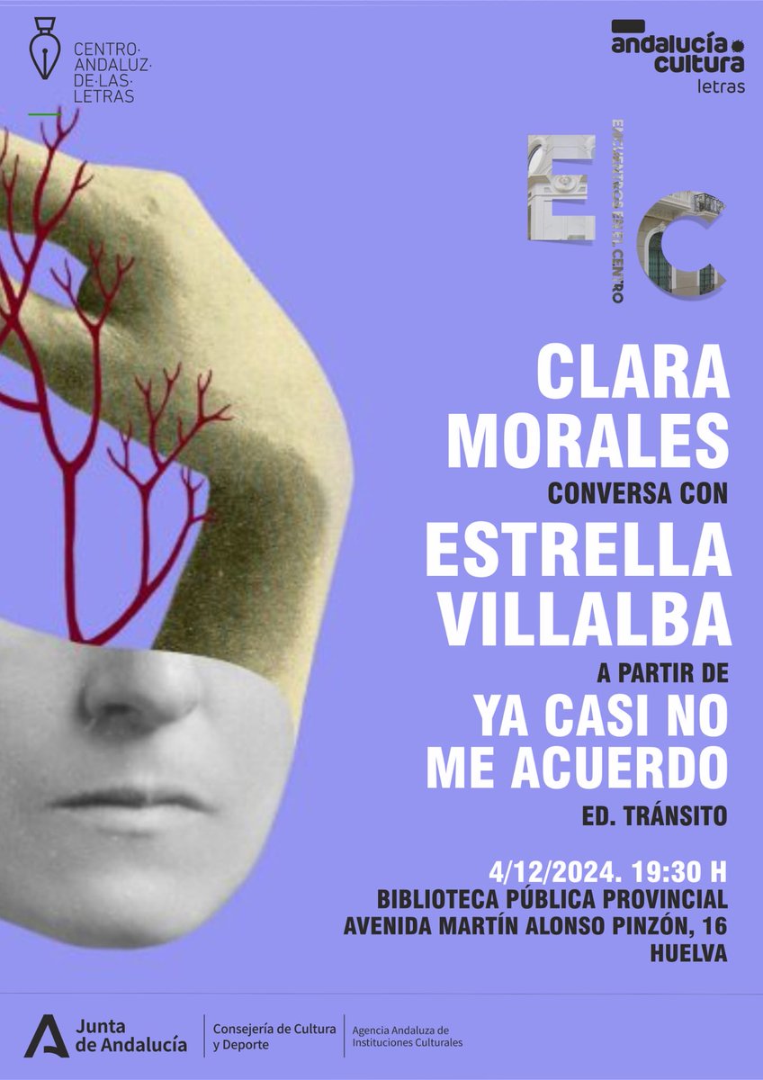 📚 Encuentros en el Centro: Clara Morales conversa sobre su libro "Ya casi no me acuerdo" con la librera Estrella Villalba. 
🗓 4/12/24
🕢19:30h
📍 Biblioteca Pública Provincial de Huelva (Aforo limitado)