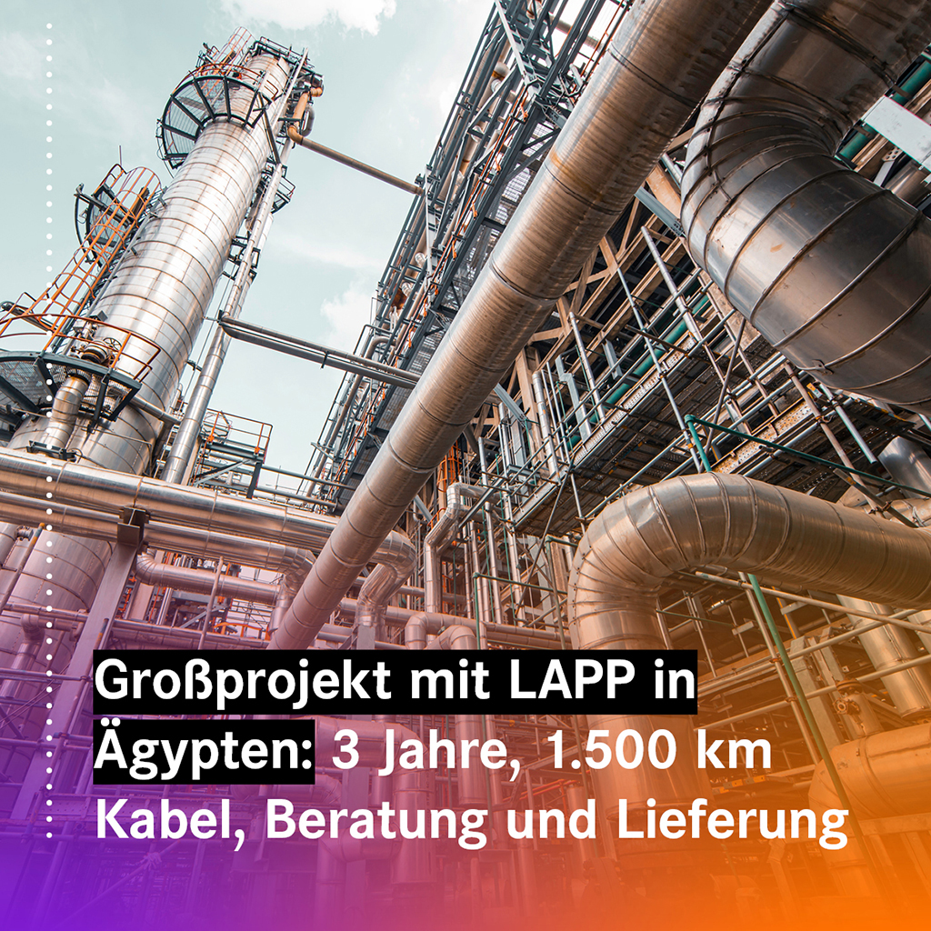 LAPP Camuna Cavi Srl hat mehr als 1.500 Kilometer Kabel für den Bau einer Hydrocracking-Anlage in Ägypten geliefert. Alle Leitungen sollten resistent gegen Chemikalien, hohe Temperaturen und UV-Strahlung sein. Wir haben die passenden Lösungen gefunden.