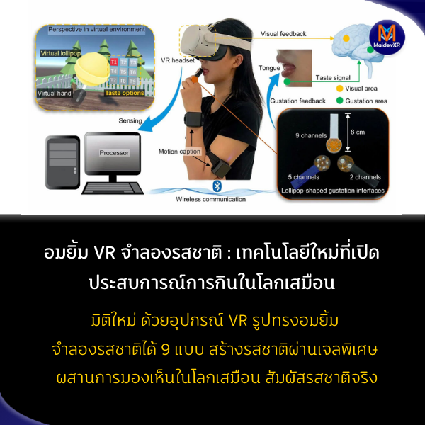 MaidevXR's tweet image. 🎮 สัมผัสรสชาติในโลก VR ด้วย &quot;อมยิ้มจำลองรสชาติ&quot; 🍭
นักวิจัยฮ่องกงสร้างอุปกรณ์ที่จำลองรสชาติได้ 9 แบบ เช่น ทุเรียน, ชาเขียว, น้ำตาล!
เทคโนโลยีสุดล้ำที่ผสานการมองเห็นและการชิมใน VR 💡
คุณอยากลองรสไหนก่อน?

#VR #TasteSimulation #เทคโนโลยีใหม่
maidevxr.com/tech/hardware/…