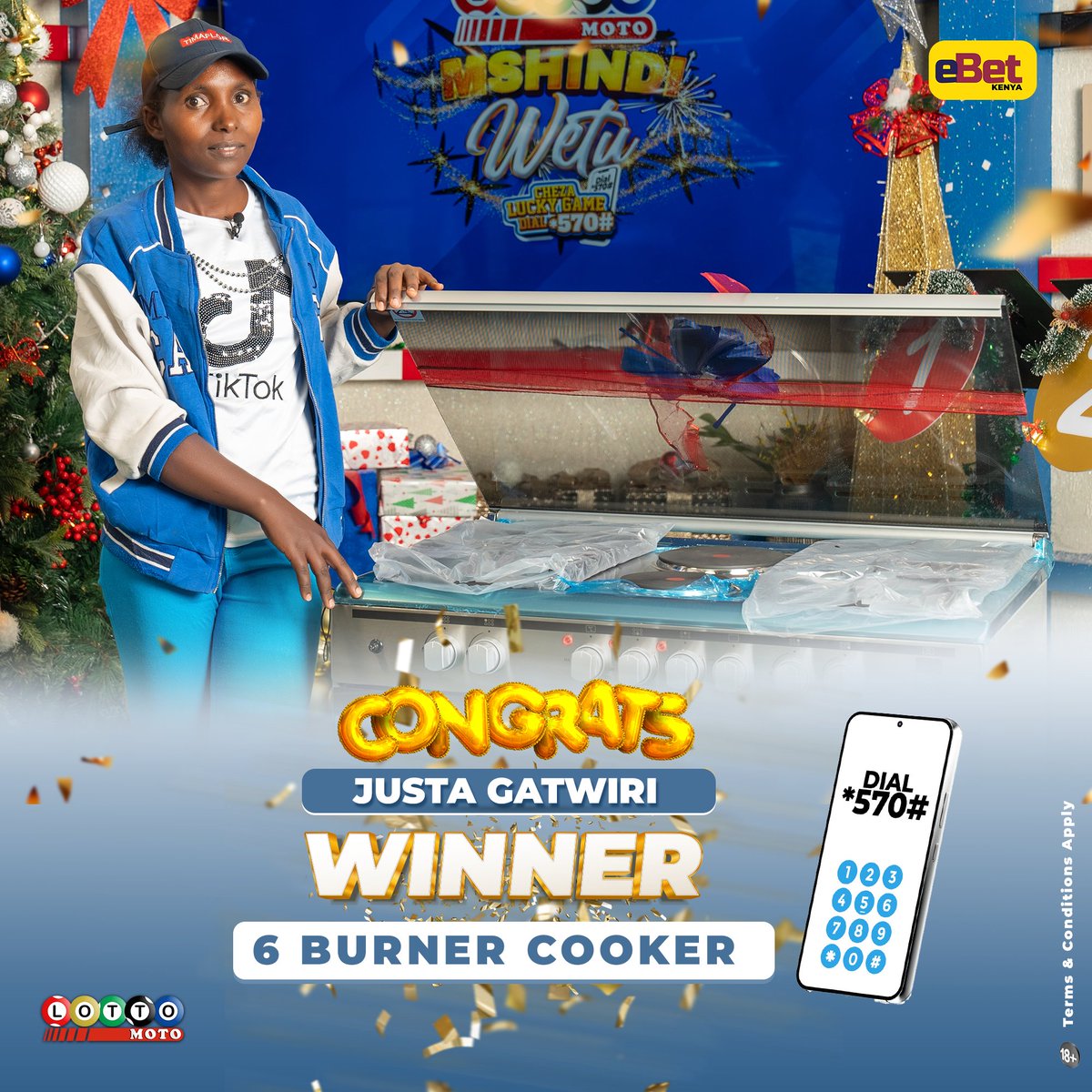 ebet_kenya's tweet photo. A brand new 6 burner cooker was Justa Gatwiri's  prize baada ya kushiriki kwenye lotto moto live na kuchagua box yake.

Amazing prizes to be won this Krisi, Dial *570#

#lottomoto #luckygame https://t.co/QNkzMJ0W81