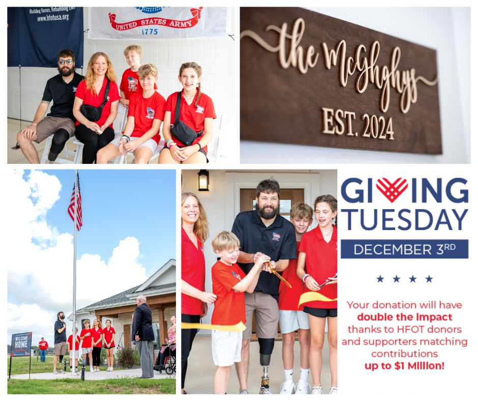 TODAY is #GivingTuesday! Your donation will have double the impact thanks to HFOT Platinum Partner ABC Supply Co., Inc., HFOT National Board of Directors, the Champion Family Foundation, and HFOT National Partner USAA, who have generously agreed to collectively match