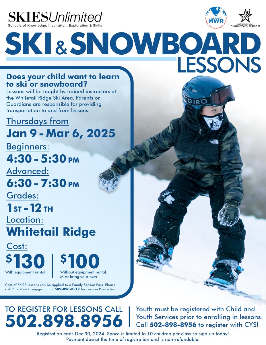 FortMcCoyMWR's tweet image. Hit the slopes! SKIES Unlimited Ski &amp;amp; Snowboard lessons are back at Whitetail Ridge! For 1st - 12th graders, sessions are Thursdays from Jan 8 - Mar 9. Register at 502-898-8956 by December 30. @181MFTB @86thD @181MFTB @FtMcCoyCPAC #WhitetailRide #McCoyCYS #LearnToSki