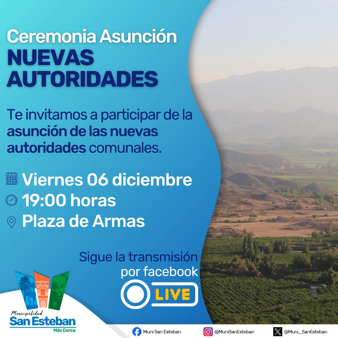 Invitamos a todas las vecinas y vecinos a asistir a la Ceremonia de Asunción de las nuevas autoridades comunales que conformarán el Concejo Municipal de San Esteban.

#SanEstebanMásCerca❤️