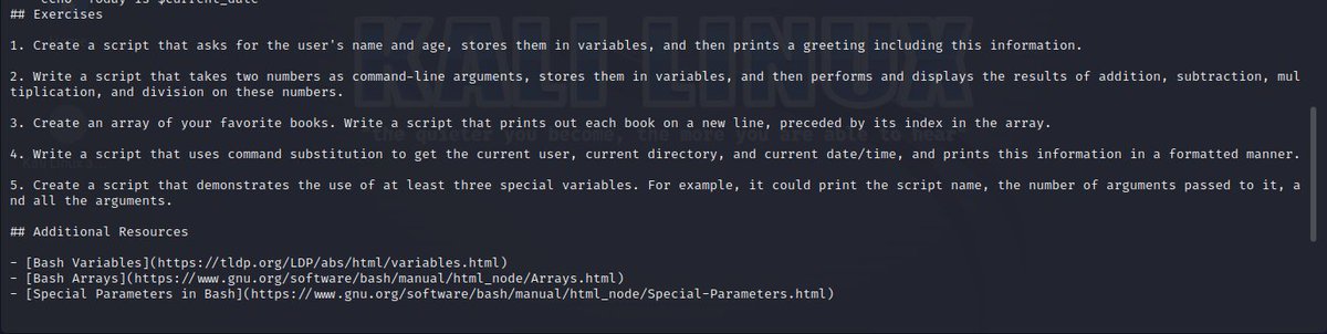 cyber_with_tega's tweet image. Day 3
#30daysofbashscripting 
@akintunero 

Learnt how to 

Create a script that asks for the user&apos;s name and age, stores them in variables.

Perform mathematical calculations
 
To Create an array 

A script that uses command substitution and the use of special variables