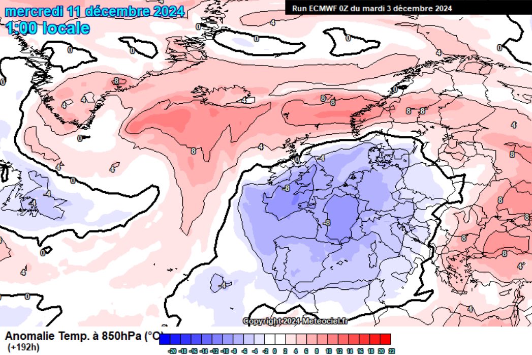 VigipreventionM's tweet photo. 🥶{#Froid }
🌡️↘️: Une belle descente d’#air #froid #polaire est attendue sur la #France à partir de la fin de #semaine. Très compliqué encore d’estimer l’#intensité et la #durée de ce #coup de #froid. Pour l’heure, les modèles #insistent sur une durée assez #longue tout de même +5-7J, avec un intense coup de froid attendu aux alentours du 10-13 #décembre. Bien sûr, nous reviendrons sur cela dans les prochains #jours. La #neige pourrait faire son retour à basse altitude. Le #dégel devrait être très compliqué à partir de moyenne #altitude durant la semaine du 9-15 décembre.
{@ meteociel - @ CTropicalesRFI}