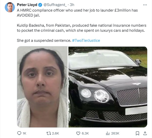 The stark reality of two tier justice..
One, threw bottles at a mosque and taunted police - 2 1/2 yrs
HMRC compliance officer laundered £3Million - Suspended sentence