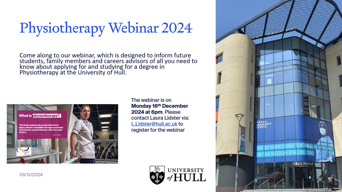 Want to become a physiotherapist? Join our webinar with expert lecturers from the <a href="/UniOfHull/">University of Hull</a> to learn everything you need to know about applying &amp; studying physiotherapy. Don’t miss out! #physiotherapy #university of hull #webinar.