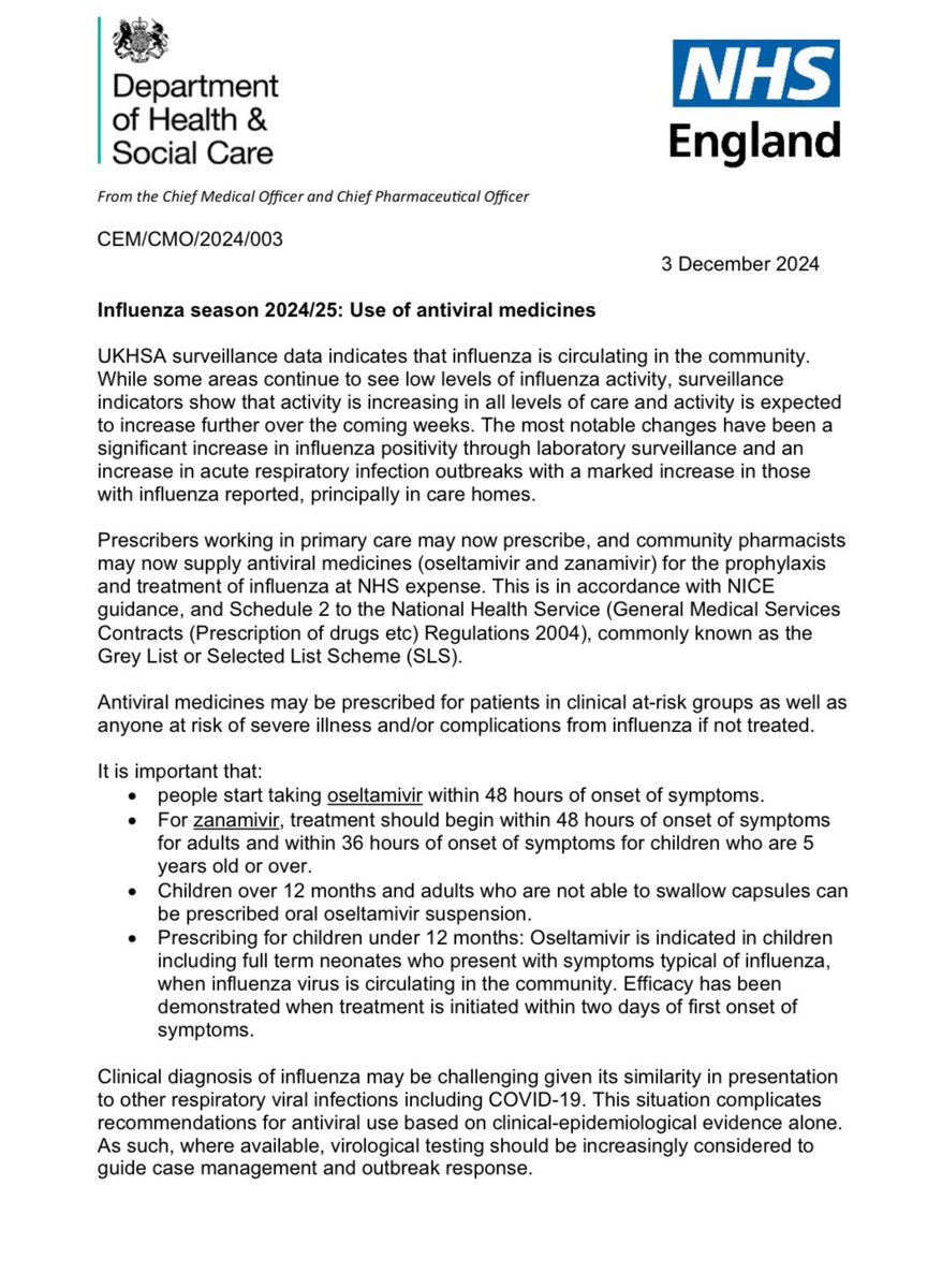 Antiviral use ‘authorised’ from today for Flu 

cas.mhra.gov.uk/ViewAndAcknowl…