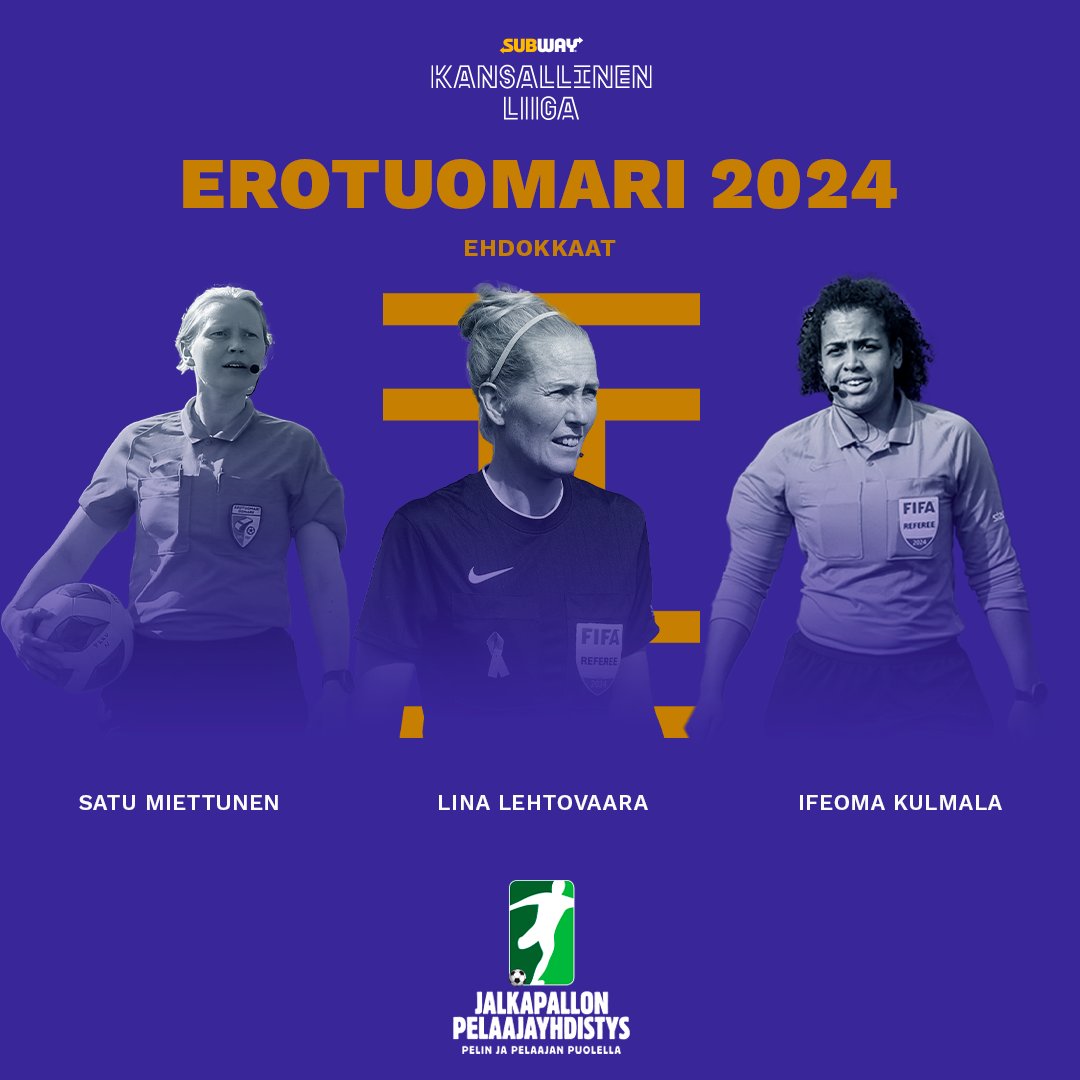 𝐕𝐮𝐨𝐝𝐞𝐧 𝐞𝐫𝐨𝐭𝐮𝐨𝐦𝐚𝐫𝐢

Tässä ehdokkaat Subway Kansallisen Liigan kauden 2024 parhaaksi erotuomariksi.

Yksi heistä palkitaan Captain's Ball -gaalassa torstaina 5. joulukuuta.

#KansallinenLiiga #CaptainsBall2024