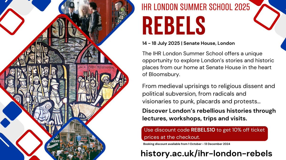 The full IHR #London #SummerSchool 2025 programme is now live! Join us in July 2025 as we explore London’s history through its #REBELS. 10% discount still available until 13/12/24! buff.ly/4fUSvVX