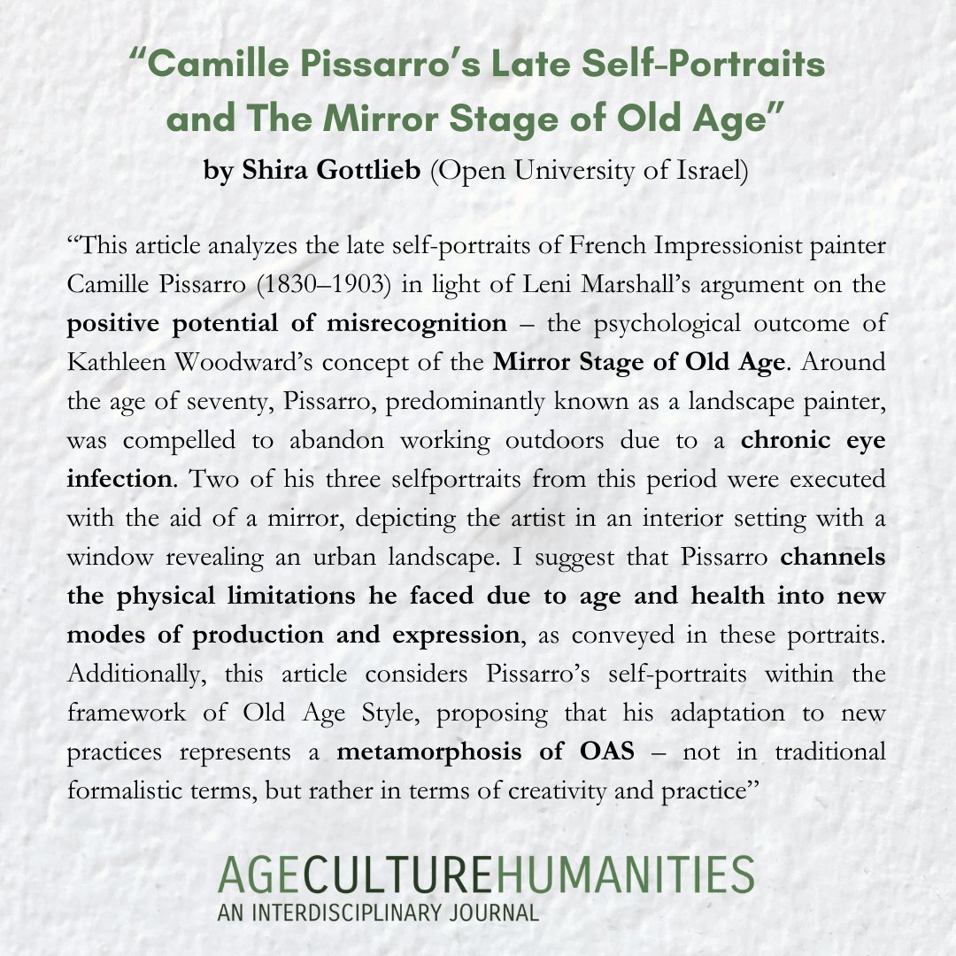 We're thrilled to announce the release of ACH special issue: "Transitional and Relational Aging: part 2"! 🙌

This section starts with a research article by Shira Gottlieb, exploring the relationship between Camille Pissarro’s art and aging.

▶️Read here: tidsskrift.dk/ageculturehuma…