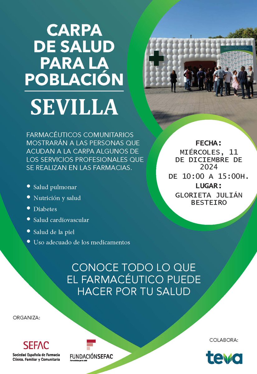 SEFAC (@sefac_aldia) on Twitter photo Conoce todo lo que el #farmacéutico puede hacer por tu #salud. ¡Te esperamos en la #Carpadesalud para la población!
📅miércoles, 11 de diciembre
⌚️10:00 a 15:00h
📍Glorieta Julián Besteiro, Sevilla
🤝<a href="/TevaFarmacia/">TevaFarmacia</a> Conoce todo lo que el #farmacéutico puede hacer por tu #salud. ¡Te esperamos en la #Carpadesalud para la población!
📅miércoles, 11 de diciembre
⌚️10:00 a 15:00h
📍Glorieta Julián Besteiro, Sevilla
🤝<a href="/TevaFarmacia/">TevaFarmacia</a>