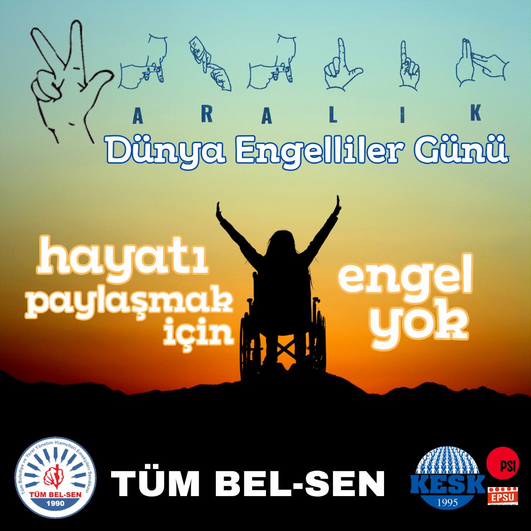 HAYATI PAYLAŞMAK İÇİN ENGEL YOK
3 Aralık Dünya Engelliler Günü vesilesiyle, ülkemizde eğitim başta olmak üzere toplumsal yaşamın tüm alanlarında ve çalışma yaşamında yeterli pozitif destek göremeyen genç yaşlı tüm engelli yurttaşlarımızın “eşit hayat hakkı” için sürdükleri haklı