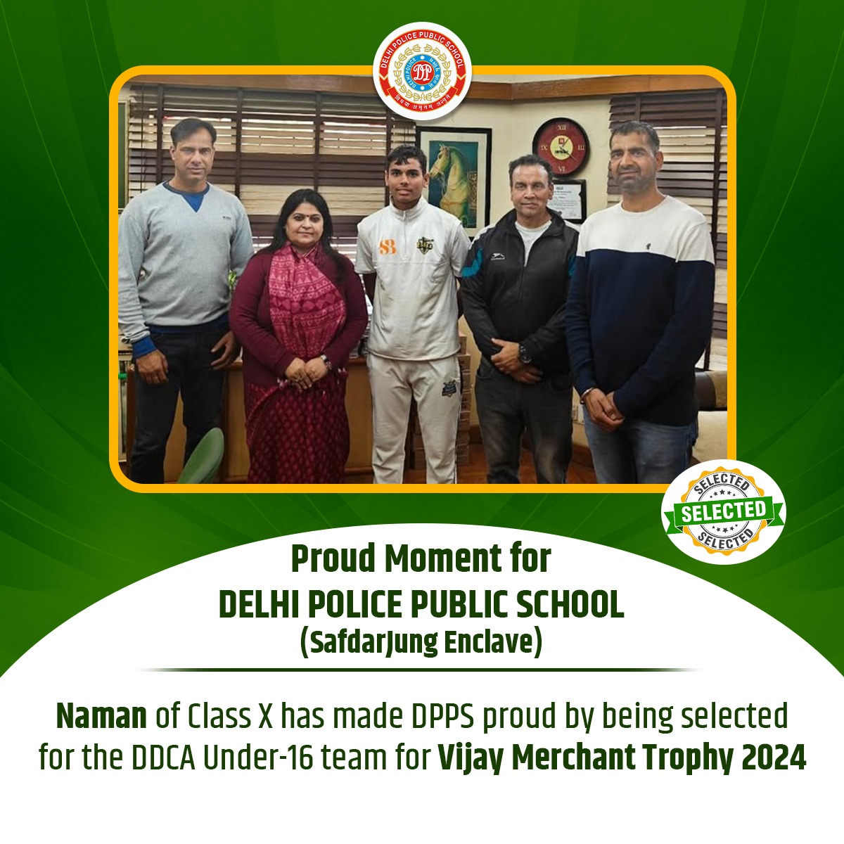DelhiPolice's tweet photo. Congratulations, Naman! 
Wishing you success in every step ahead.
Your selection to DDCA Under-16 team for Vijay Merchant Trophy 2024 is a testament to your hard work and the school’s dedication to #excellence.

#DPPSUpdates https://t.co/zC6uGX9J1i