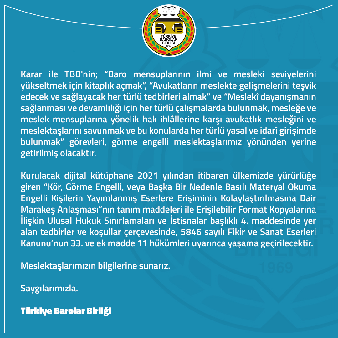 TBB Tarafından Engelli Meslektaşlarımız İçin Dijital Kütüphane Kurulması Kararlaştırılmıştır

👉 tbb.av.tr/1295