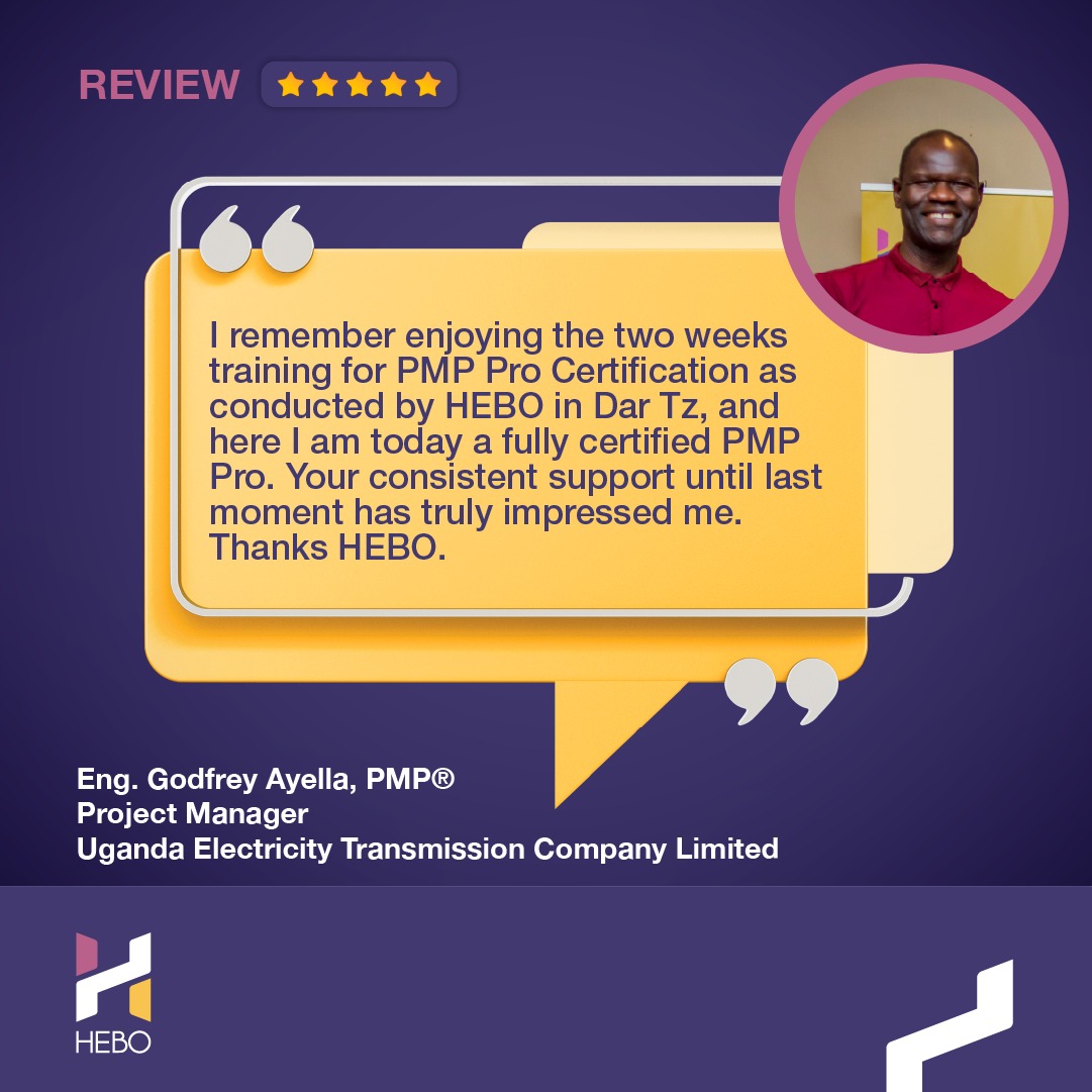 ConsultHebo's tweet photo. We’re excited to share feedback from Eng. Godfrey Ayella, the Project Manager from @uetcl! His words reflect the transformative experience of HEBO’s training and the skills gained for impactful project management. 🚀
#Testimonial #PMP #ProjectManagement #HEBO #ProfessionalGrowth