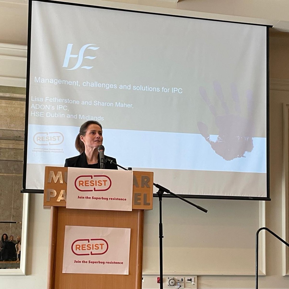 LiamCMcLoughlin's tweet photo. Lisa Fetherstone and Sharon Maher IPC ADON’s on the challenges of managing IPC in the HSE Dublin and Midlands RHA.
#AMRIC
#KeepAntibioticsWorking
#AMRICKeepIPCWorking
@HSEDubMidlands @PublicHealthDM @PFPS_Ireland @HSELive @AntibioticPresc @TUH_Tallaght @stjamesdublin @SSISTUH https://t.co/G8TQ4I2Dvx