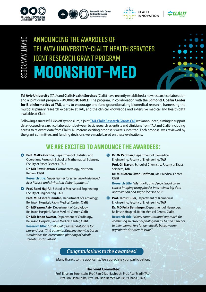 Edmond J. Safra Center for Bioinformatics at TAU (@edmondjsafrabio) on Twitter photo Announcing the Awardees of <a href="/Tel_Aviv_Uni/">אוניברסיטת תל אביב Tel Aviv University</a>-Clalit Health Services Joint Research Grant Program. Announcing the Awardees of <a href="/Tel_Aviv_Uni/">אוניברסיטת תל אביב Tel Aviv University</a>-Clalit Health Services Joint Research Grant Program.